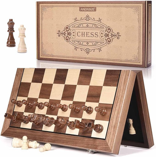 AMEROUS Chess Set, 15"x15" Folding Magnetic Wooden Standard Chess Game Board Set with Wooden Crafted Pieces and Chessmen Storage Slots