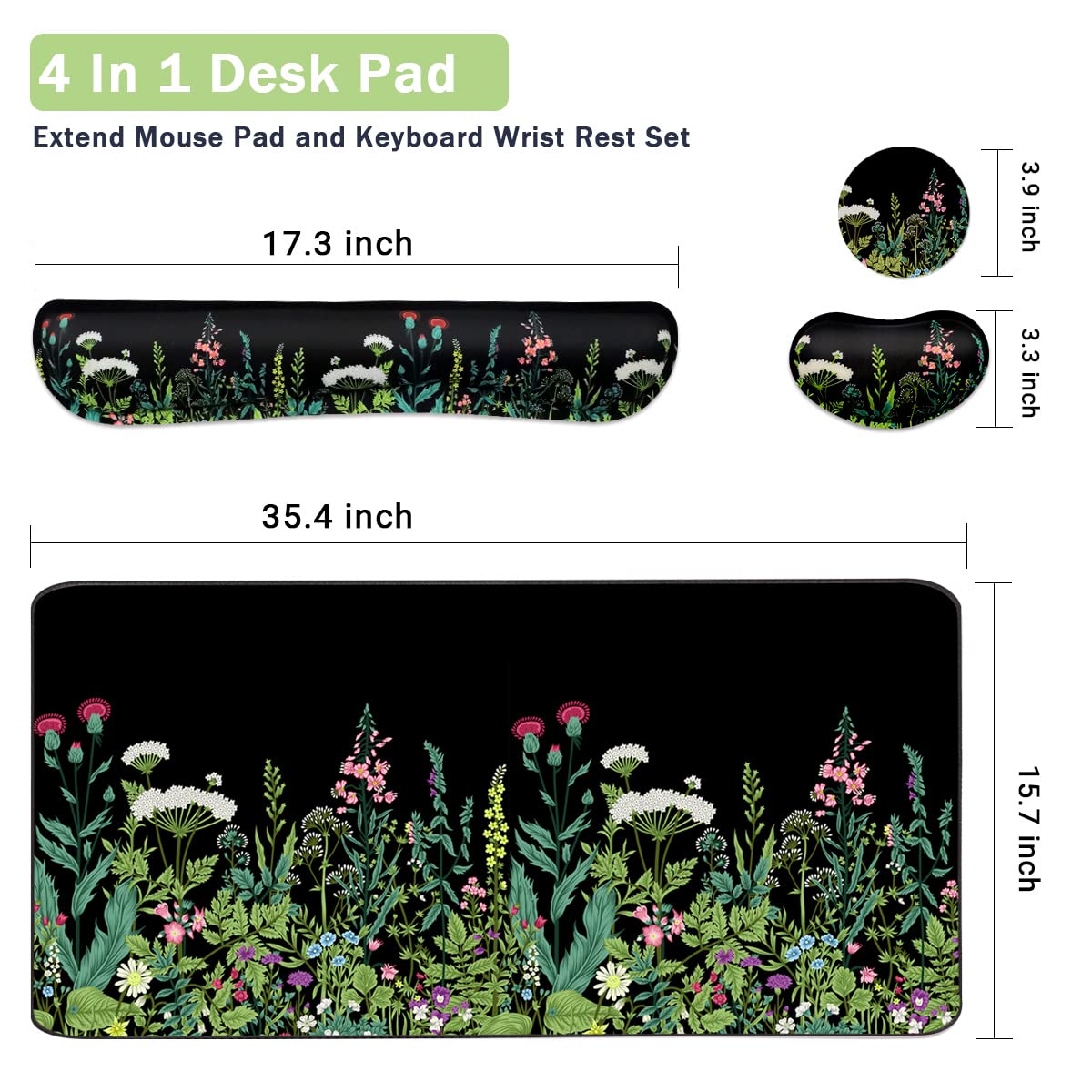 Keyboard Mouse Pad Set, Extended Mouse Pad+Keyboard Wrist Rest Support, Memory Foam Ergonomic Easy Typing, 3Pcs (35.4×15.7 in) Desk Pad Set for Home Office Study Game - Weeds