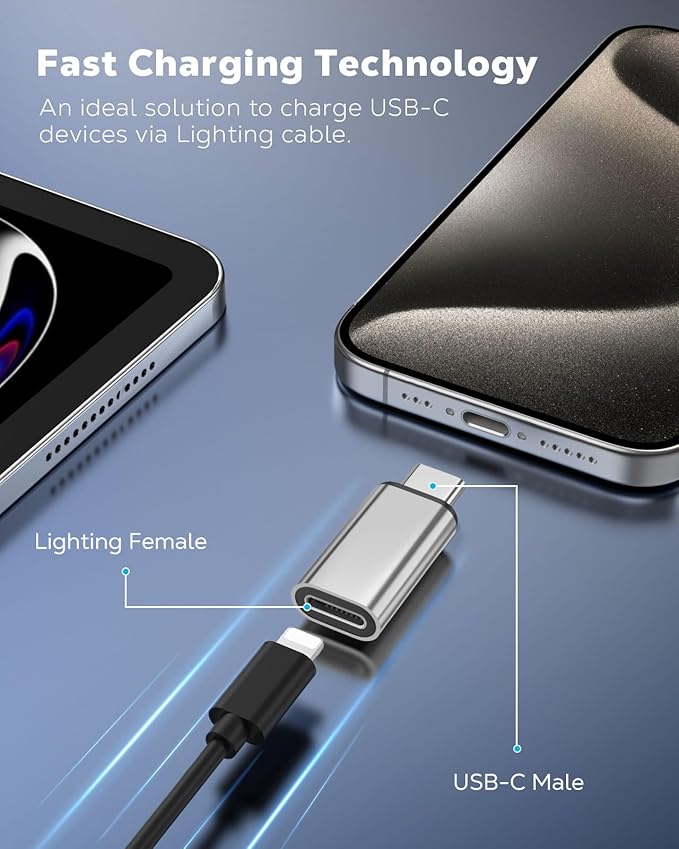 MoKo Lightning to USB C Adapter 2Pack, NOT for Lightning Earbuds/Headphones/OTG, USB-C to Lightning Adapter for iPhone Air 17 16 15 Pro Max Plus,iPad Pro/Air,Galaxy,ONLY for Charging/Data Sync,Silver