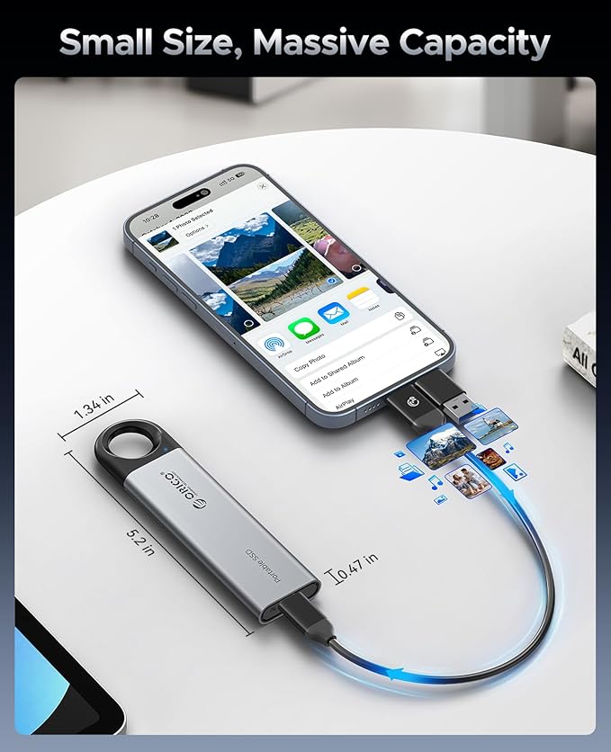 ORICO 2TB External SSD Up to 1050MB/s, Hanging Hole Design Portable Solid State Drive, USB C&A 2 in 1 Cable, Reliable Storage for Type-C Smartphone, Tablets, Laptops - C10