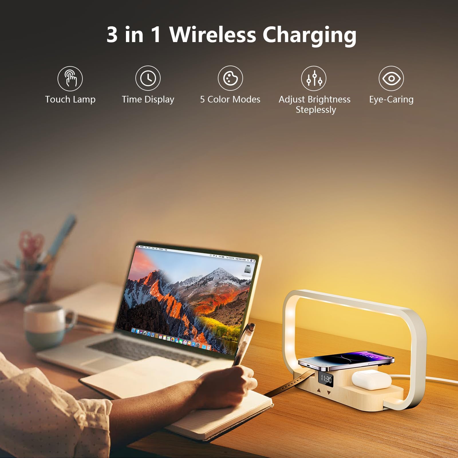LED Bedside Lamp with Wireless Charger, 3-in-1 Touch Control Table Lamp with Clock, Dimmable Nightstand Lamp with 5 Color Modes, Modern Bedroom Desk Lamp, Gift for Women & Men,Wooden,Adapter Included