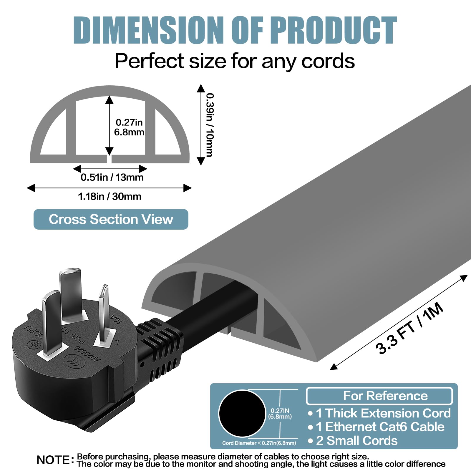 Floor Cord Cover Self Adhesive Cord Hider,3.3FT Cable Management, Extension Strip Protector for Wires, Prevent Cable Trips for Offices, Gyms, Exhibitions Cavity:0.39"(W) x 0.27"(H) Gray