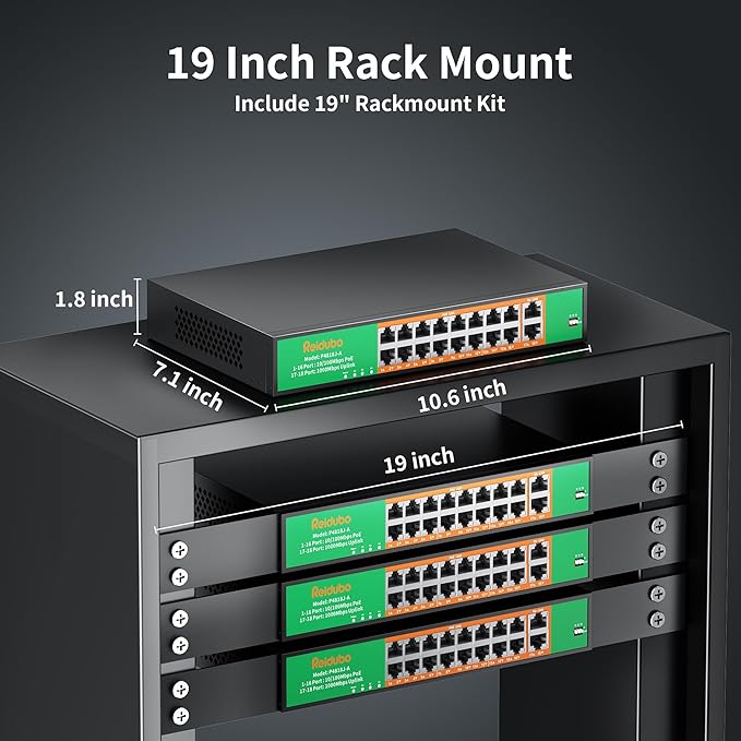16 Port PoE Switch, 16 PoE+ 100Mbps Ports with 2 Gigabit Uplink, 300W Built-in Power, Support IEEE802.3af/at, Fanless, Rack Mount, Unmanaged Plug and Play Network Switch