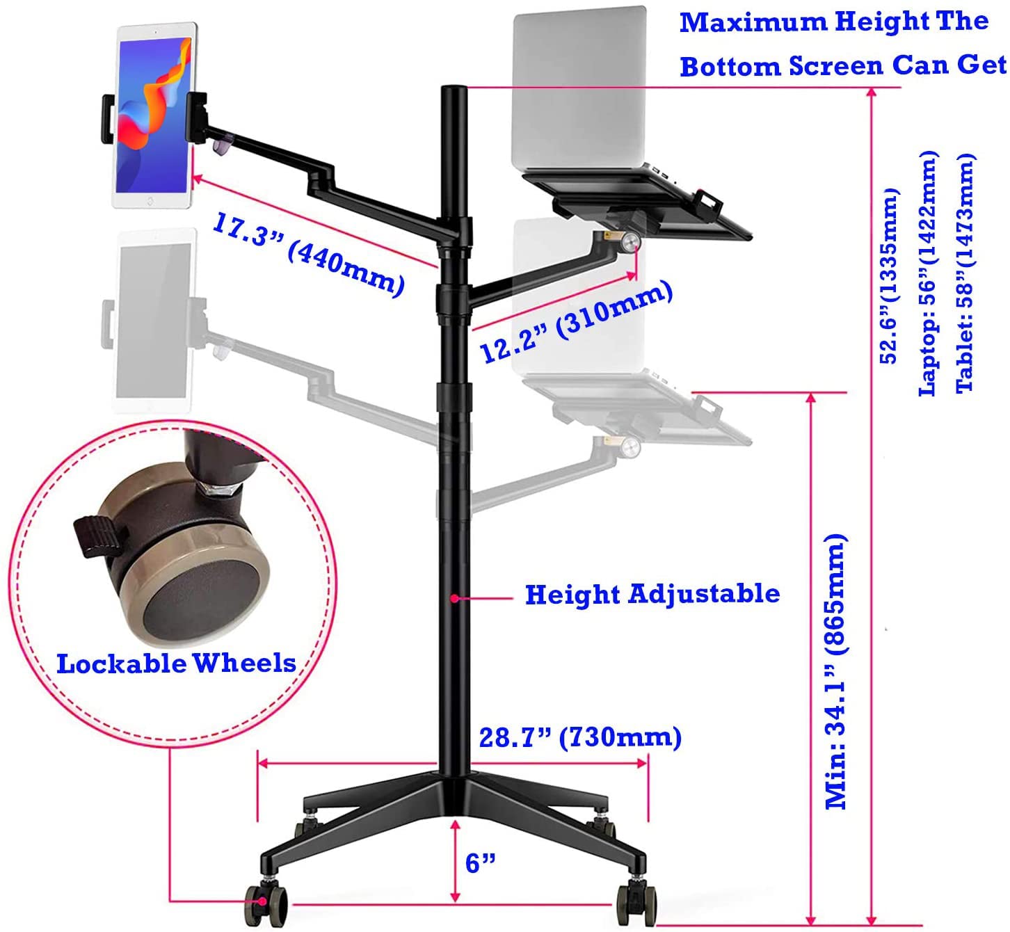 MagicHold Triple arm Height Adjustable Stand Mount with Rolling Wheel for Laptop(11-17 inch) and Compatible with ipad iPad pro 12.9 inch/Tablet/Ereader (Black)