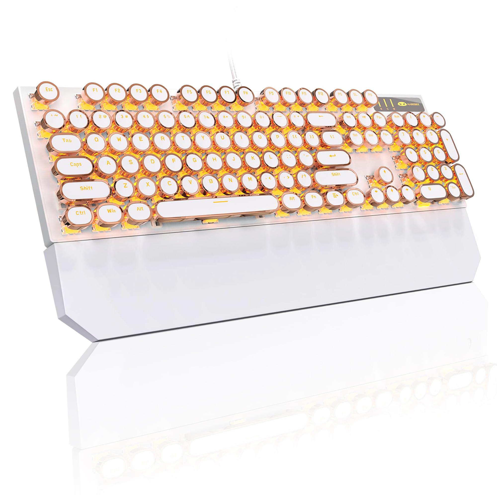 MageGee Typewriter Mechanical Gaming Keyboard, Retro Gold Punk Round Keycaps LED Backlit Wired Keyboards for Laptop MAC PC Gamer, with Magnetic Wrist Rest - Blue Switch