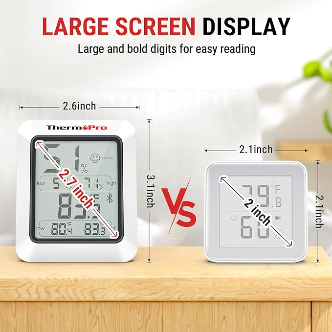 ThermoPro Hygrometer Thermometer for House TP350, Bluetooth Room Indoor Greenhouse Thermometer Monitor Up to 260FT, Backlit Humidity Meter Temperature Sensor with 2-Year Data Export, 2 Pack