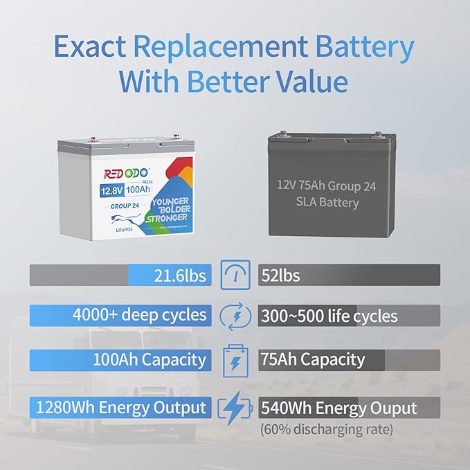 Redodo 2 Pack 12V 100Ah Group 24 Battery, 1280Wh Deep Cycle LiFePO4 Battery with 100A BMS, 4000+ Cycles Lithium Rechargable Battery for All RVs, Van, Camper, Solar Power Storage, Off-Grid