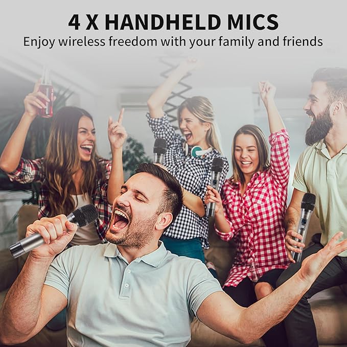 Wireless Microphone System, 4-Channel UHF Wireless Mic, Fixed Frequency Metal Cordless Mic with 4 Handheld Dynamic Microphones, 200ft Range, Mics for Singing, Church (4 Handheld)