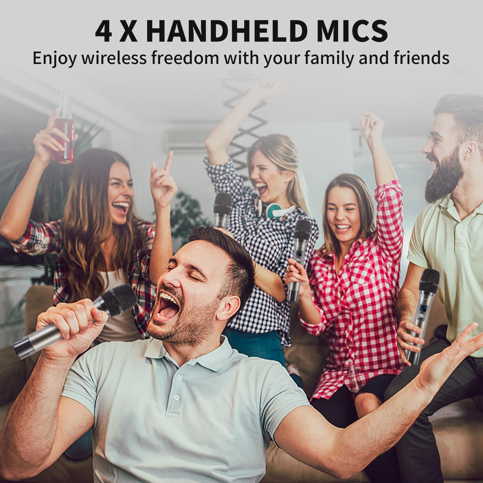 Boeska Wireless Microphone System, 4-Channel UHF Wireless Mic, Fixed Frequency Metal Cordless Mic with 4 Handheld Dynamic Microphones, 200ft Range, Mics for Singing, Church (4 Handheld)