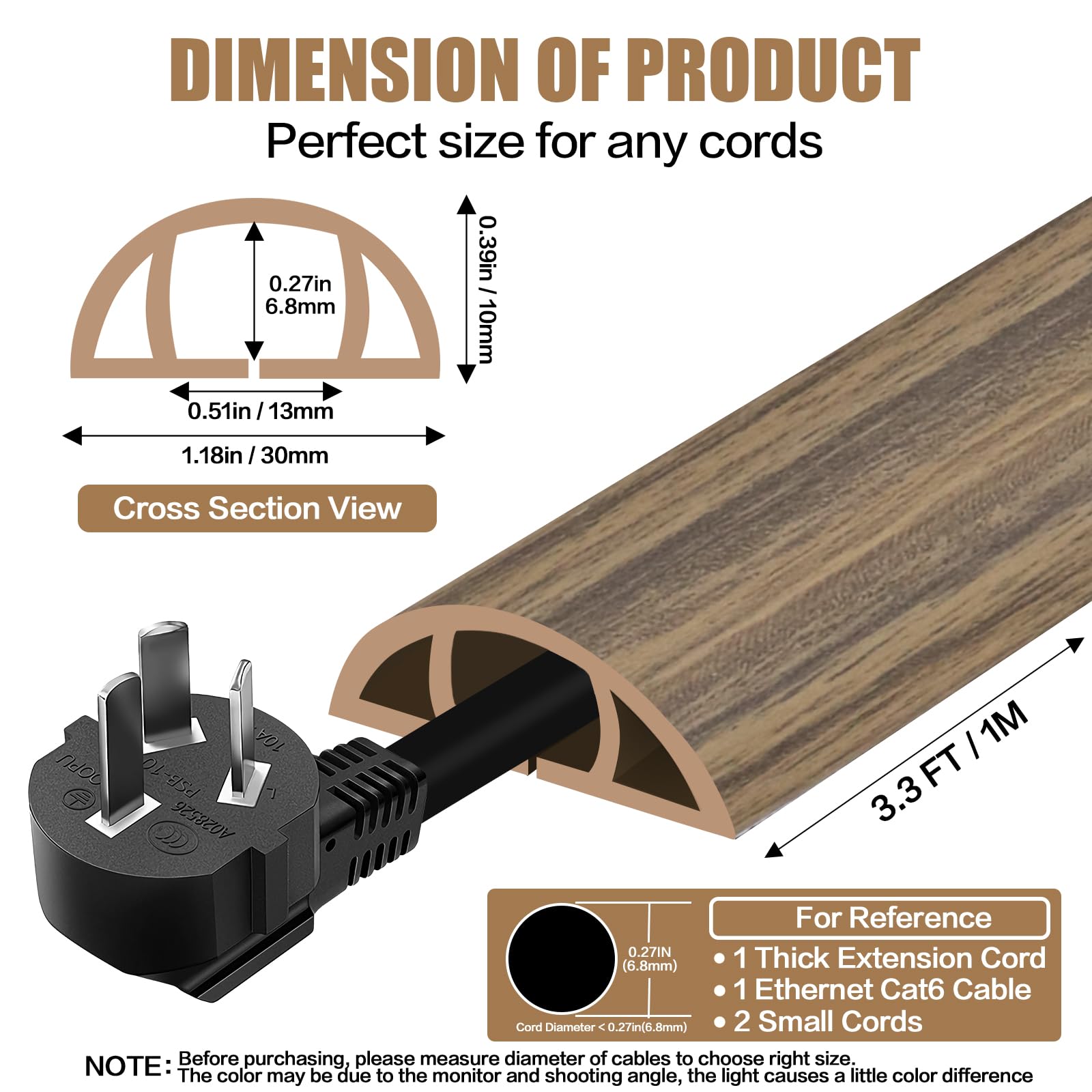 Floor Cord Cover Self Adhesive Cord Hider,3.3FT Cable Management, Extension Strip Protector for Wires, Prevent Cable Trips for Offices, Gyms, Exhibitions Cavity:0.39"(W) x0.27(H) Woodsmokedbrown
