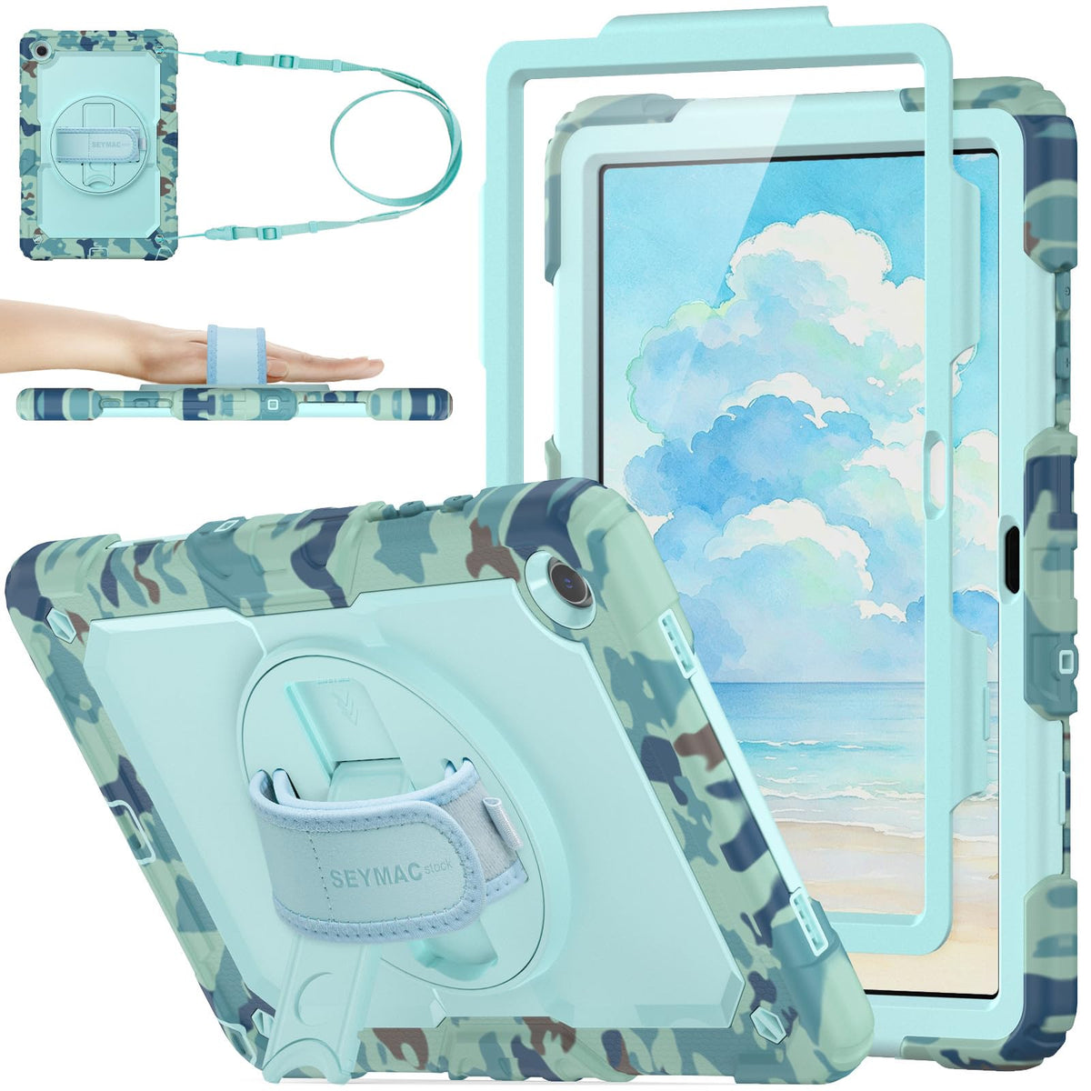 SEYMAC stock Case for Samsung Galaxy Tab A11+ Plus/A9+ Plus 11'', Full-Body Drop Protection Case with Screen Protector Pencil Holder [360° Rotating Hand Strap] &Stand, Purple+Colorful