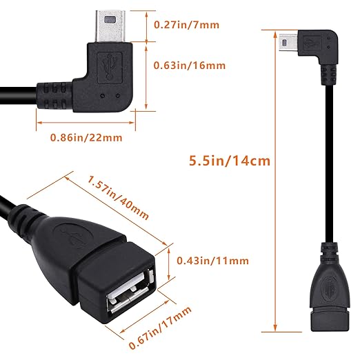 90 Degree Mini USB to USB A OTG Adapter Cable 5.5in Left Angle Mini USB 5-Pin Type B Male to USB Type A Female Adapter Cord for Digital Cameras,Black,14cm(2 Pack,Left)