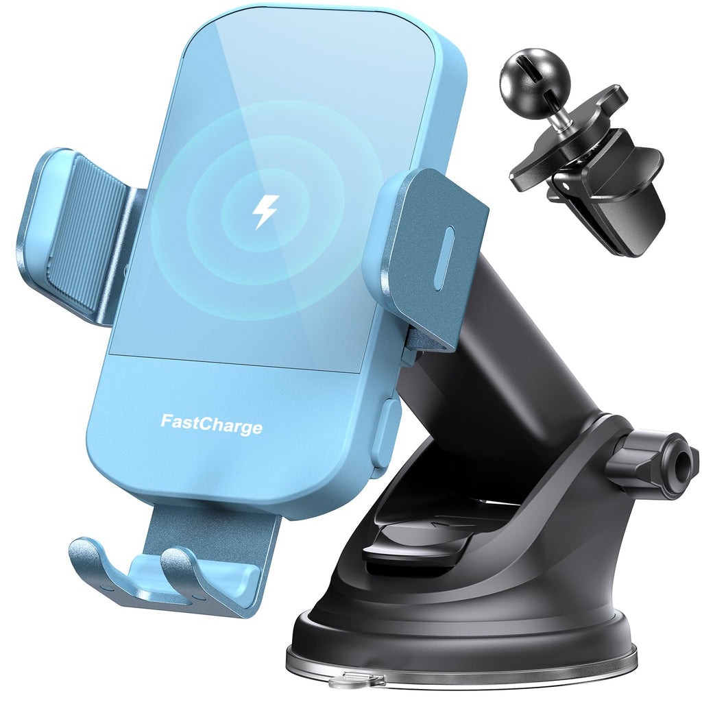 CHGeek Wireless Car Charger, 15W Fast Charging Auto Clamping Car Charger Phone Mount Phone Holder fit for iPhone 15 14 13 12 11 Pro Max Xs, Samsung Galaxy S24 Ultra S23 S22 S21, S20, S10+, Cyan