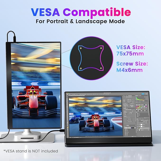 Portable Monitor 4K 15.6 inch UHD 3840X2160 100% sRGB USB-C HDMI IPS HDR External Second Screen Portable Travel Monitor for Laptop MacBook PS5/4 Xbox with Speakers, VESA Compatible