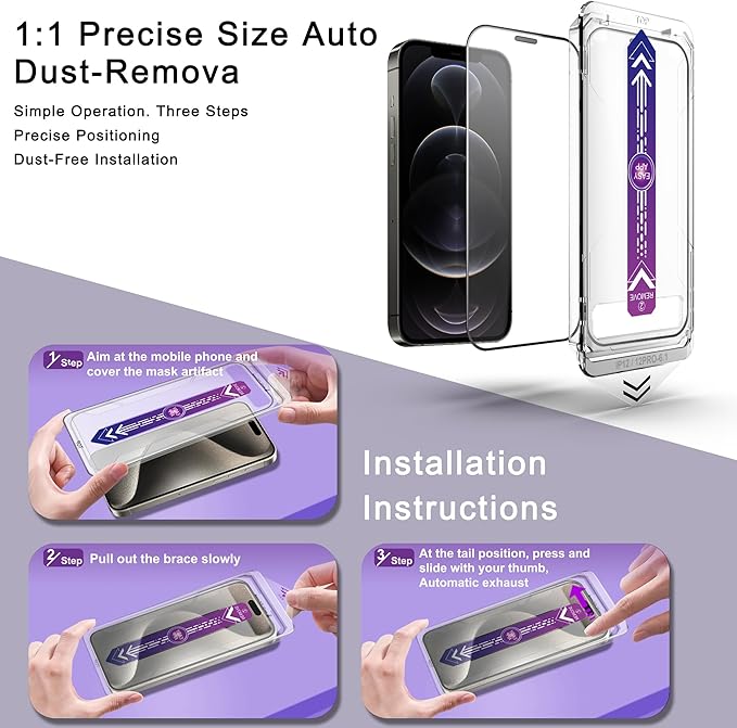 2 Pack Screen Protector for iPhone 12 Pro/iPhon 12, 9H Tempered Glass, Full Coverage, Anti-Fingerprint, Auto Dust-Elimination, No Bubble, Easy Installation