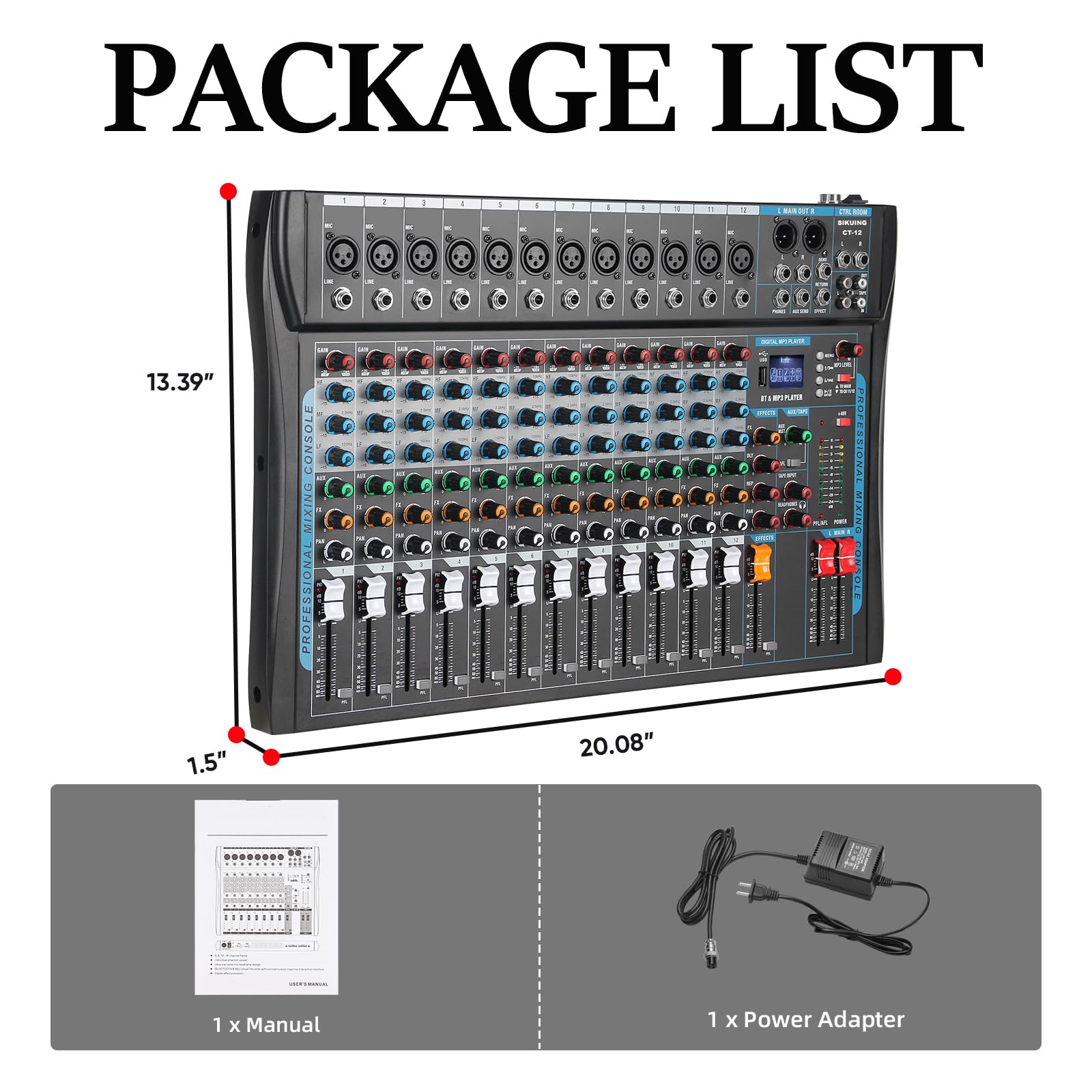 SIKUING 12 Channel Audio Interfacer Sound Board Mixer DJ Mixer 16-Bit DSP Effect USB Audio Mixer +48V Phantom Power Bluetooth Mixer for Karaoke Studio Streaming Recording,Live Streaming