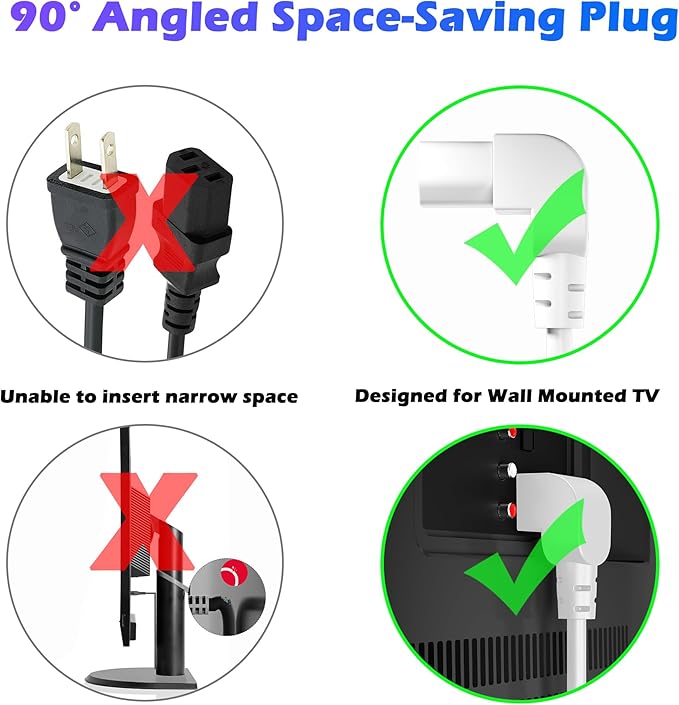 Adoreen 2 Ft Computer TV Replacement Power Cord White, 90 Degree Angled L-Shaped 18AWG 3-Prong AC Universal Power Supply Cable NEMA 5-15P to IEC 320 C13 for Printer, PC, Monitor TV LCD, ETL+Ties
