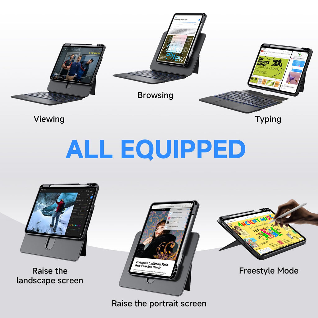 Tiaota for iPad Pro 11-inch (M4, 2024) Keyboard Case with Multi-Touch Trackpad, 360° Rotating Magnetic Stand, Detachable Protective Cover, Portrait & Raised Modes, 7-Color Backlight – Black