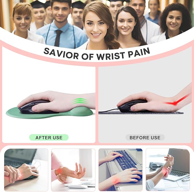 JIKIOU Mouse Pad, 2 Pack Ergonomic Mouse Pads with Comfortable Gel Wrist Rest Support and Smooth Cloth, Non-Slip PU Base for Easy Typing Pain Relief Durable and Easy to Clean Small Pastel Green
