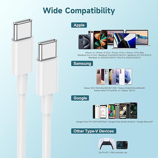 USB C to USB C Cable 60W[3Pack] iPhone 15 Fast Charging Cable,10ft Long USB-C to USBC Power Cord for iPhone 15/15 Pro/15 Plus/15 Pro Max,MacBook Pro Air/IPad Air 4/5/iPad Pro 12.9/11(White)