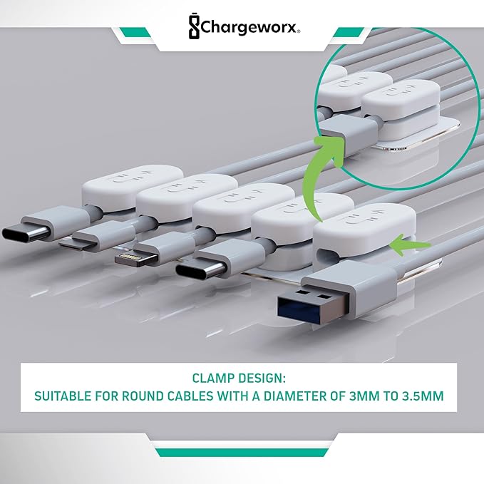 Magnetic Cable Clips [5-Pack] – Chargeworx Cord Organizer for Desk, Nightstand, Car, Wall – Strong Adhesive Wire Holder for USB-C, Lightning, Micro-USB – Tangle-Free, Snap-On, Easy Cable Management