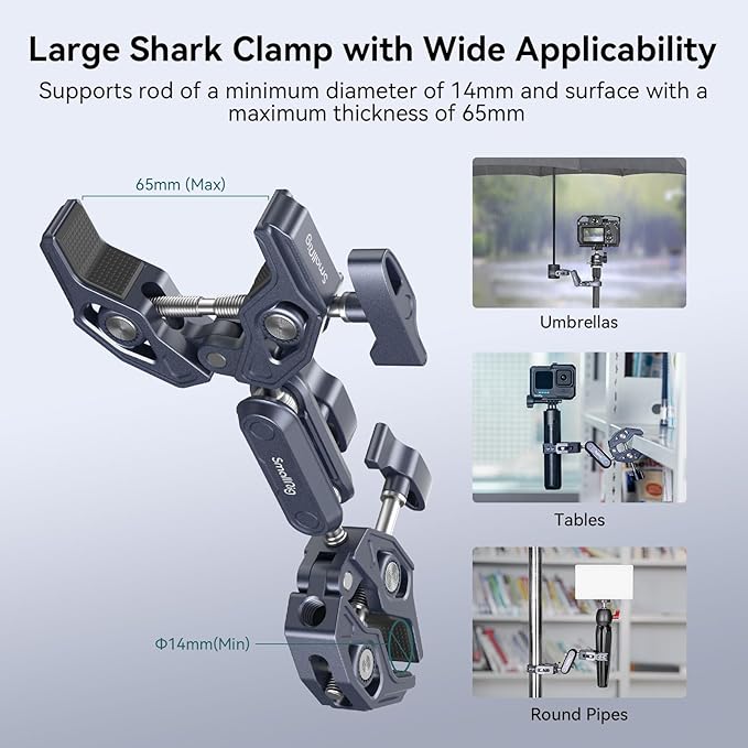 SMALLRIG Double Clamp Mount, Umbrella Clamp, Super Clamp Arm, for Chair, Pole, Tripod, C Stand, Handlebar, All Metal Max Load Capacity 3.5kg