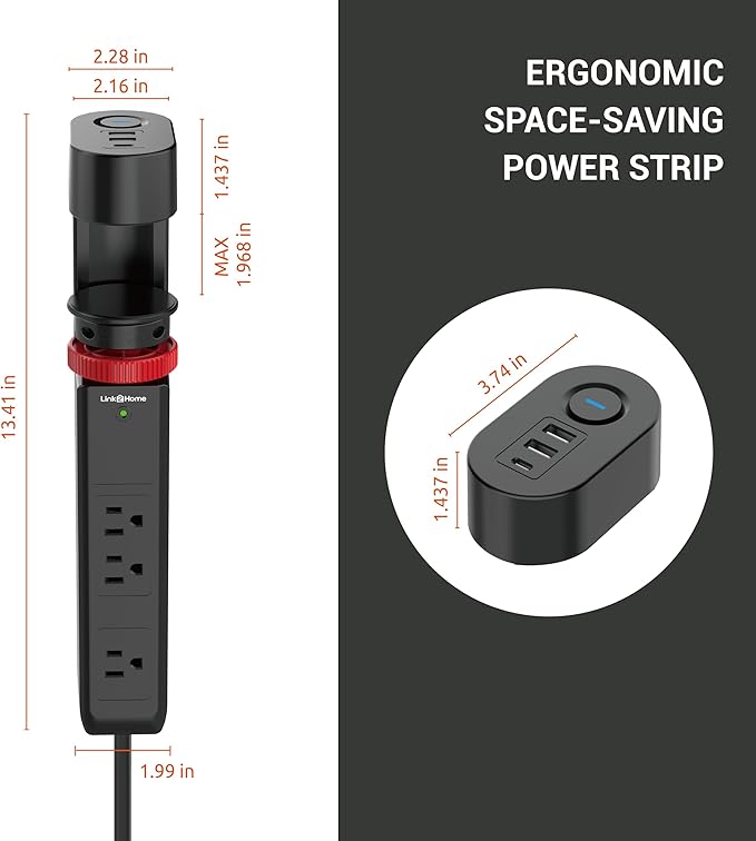Link2Home Clamp-On Desk Power Strip with 3 Outlets, 3 USB Ports (20W PD Type-C), 6 Ft. Cord, Overload Protection, No Installation Required
