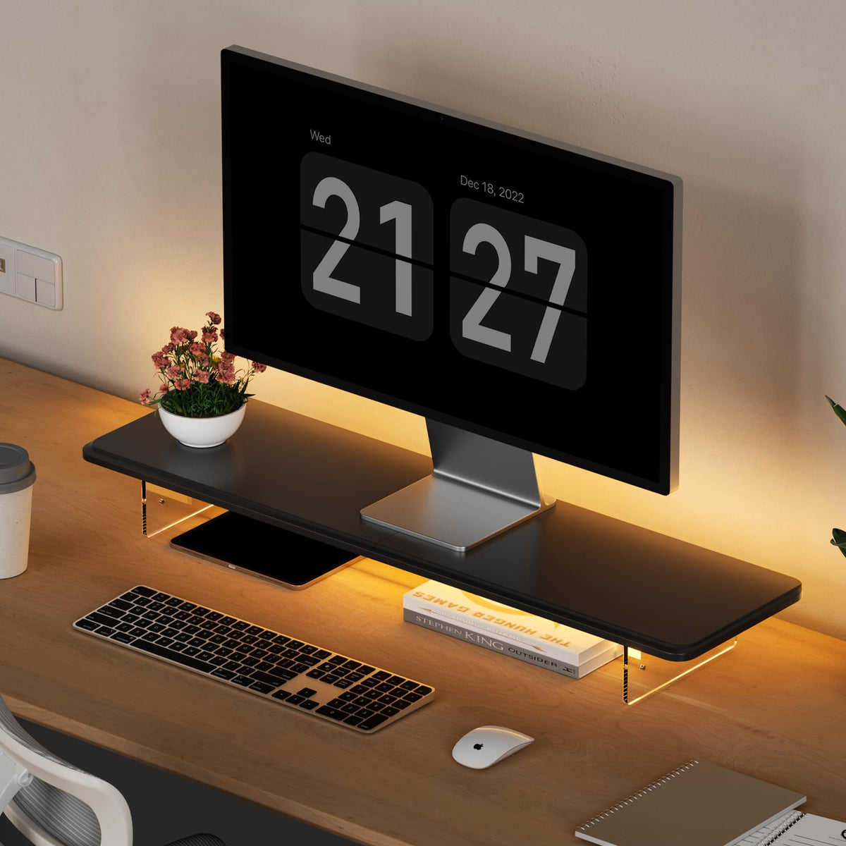 AFOOYO Dual Monitor Stand Riser, Wing-Shaped Sturdy Desktop Wood Stand for 2 Monitors, White Riser for Laptop, PC, Computer