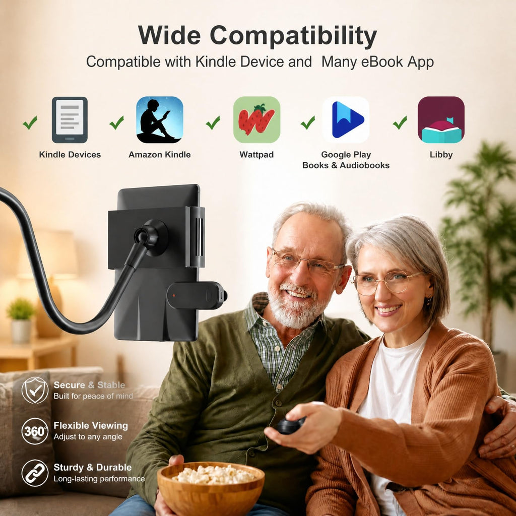 Kefotic Gooseneck Tablet Holder for Kindle Reading in Bed with Page Turner Remote, Hands Free Desk Bedside Lazy Arm Stand for Kindle Accessories, Gifts for Readers