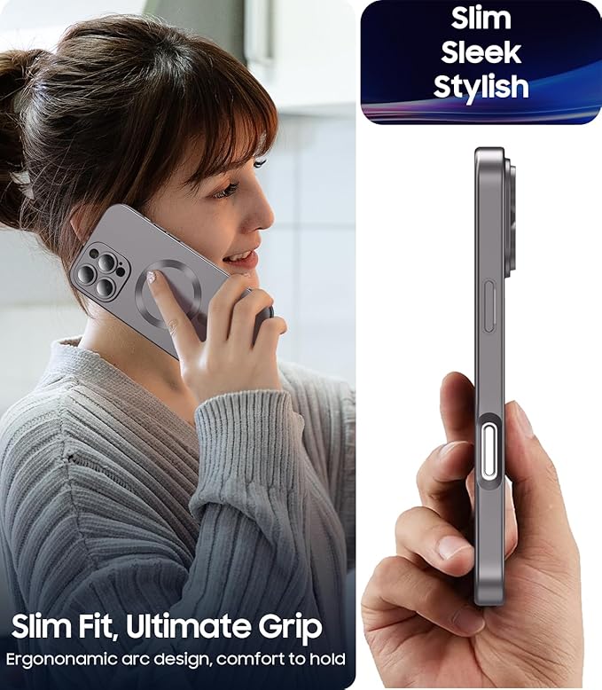Magnetic for iPhone 16 Pro Max Case [Compatible with MagSafe][Built-in Camera Lens Protector] Slim Soft Silicone Bumper Shockproof Metallic Phone Shell (Titanium Gray)