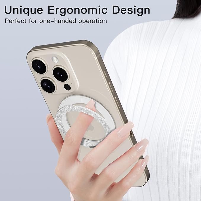 COOLQO 1Pc 360 Spin Cell Grip Ring Phone Stand [Upgrade Gear Hinge Stress Relief] Magnetic Holders for Your car Accessories Desk Mount Compatible with iPhone All Smartphone, Glitter Silver