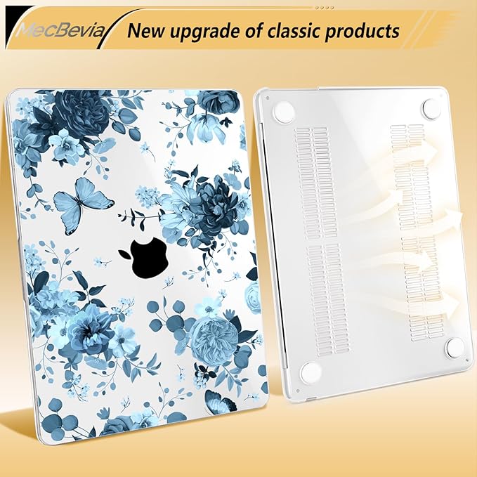 Compatible with MacBook Air 13.6 inch Case, M4 A3240/M3 A3113/M2 A2681 (Released 2025 to 2022), Hard Shell, Keyboard Cover, Screen Protector, Webcam Cover & Type-C Adapter, Blue Flowers