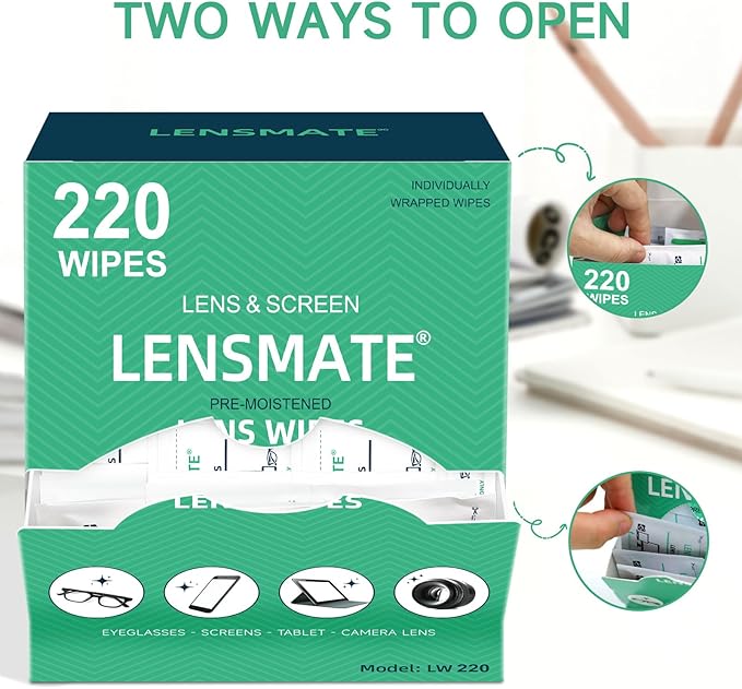 Lensmate 220 Count Lens Wipes for Eyeglasses, Pre-Moistened & Individually Wrapped Eyeglass Wipes, Lens Cleaning Wipes for Eyeglasses, Sunglasses, Goggles and Camera Lens (220Count)