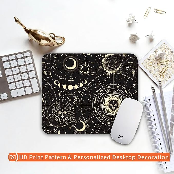 Square Mouse Pad Moon Sun, Personalized Premium-Textured Custom Mouse Mat Design, Washable Mousepad Cloth, Non-Slip Rubber Base Computer Mouse Pads for Wireless Mouse