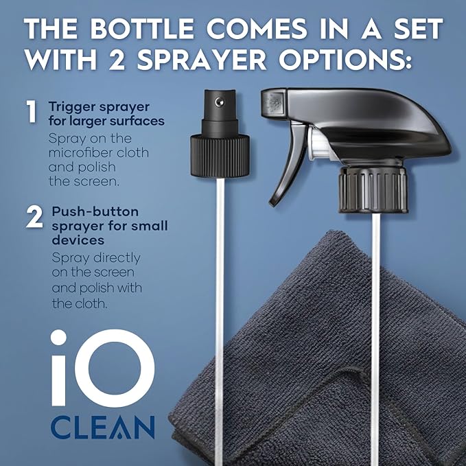 Screen Cleaner Spray (16oz - 473ml) – Best Large Cleaning Kit for LCD LED OLED TV, Smartphone, iPad, Laptop, Touchscreen, Computer Monitor, Electronic Devices, 3 Microfiber Cloths and 2 Nozzles