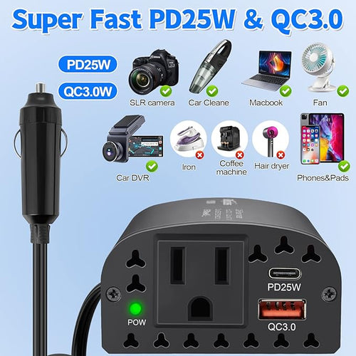 Bapdas 150W Car Power Inverter DC 12V to 110V AC Car Adapter for Plug Outlet with PD 25W &QC3.0 USB Ports Car Charger Adapter