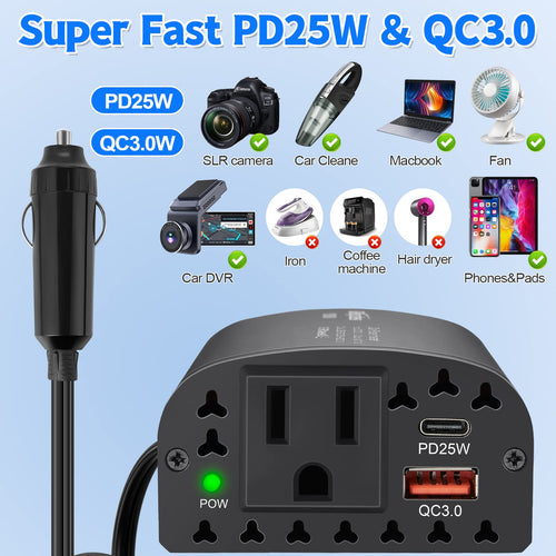 Bapdas 150W Car Power Inverter DC 12V to 110V AC Car Adapter for Plug Outlet with PD 25W &QC3.0 USB Ports Car Charger Adapter