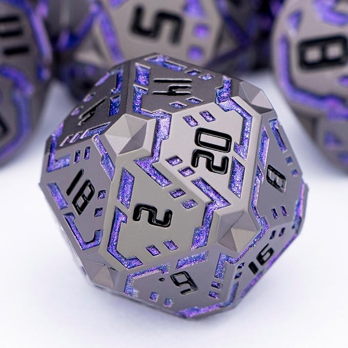 Metal DND Sci-fi Dice Set 7PCS Stripe Polyhedral Dice for Dungeons Dragons RPG Role Playing Game, Glitter D and D Dice with Gift Box D6 D8 D10 D12 D20 (Black Purple) ﻿