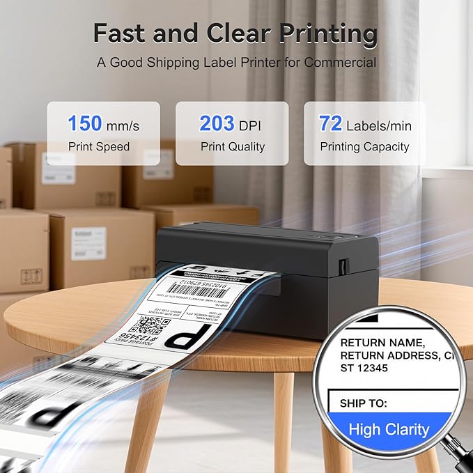 Bluetooth Thermal Shipping Label Printer, Wireless 4x6 Shipping Label Printer for Packages, High-Speed Thermal Printer Compatible with Android, iOS & Windows for Amazon, Ebay, Shopify, USPS