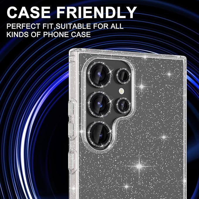 for Samsung Galaxy S22 Ultra Camera Lens Protector, Individual Metal Ring Tempered Glass Lens Cover, [Strong Adsorption] Scratch Resistant Ultra-Thin HD Clear Lens Cover, 1 Set-Black Sparkly
