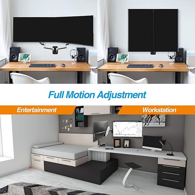 AVLT Dual Monitor Arm Wall Mount for 13-32" Screens, Full Motion - Silver