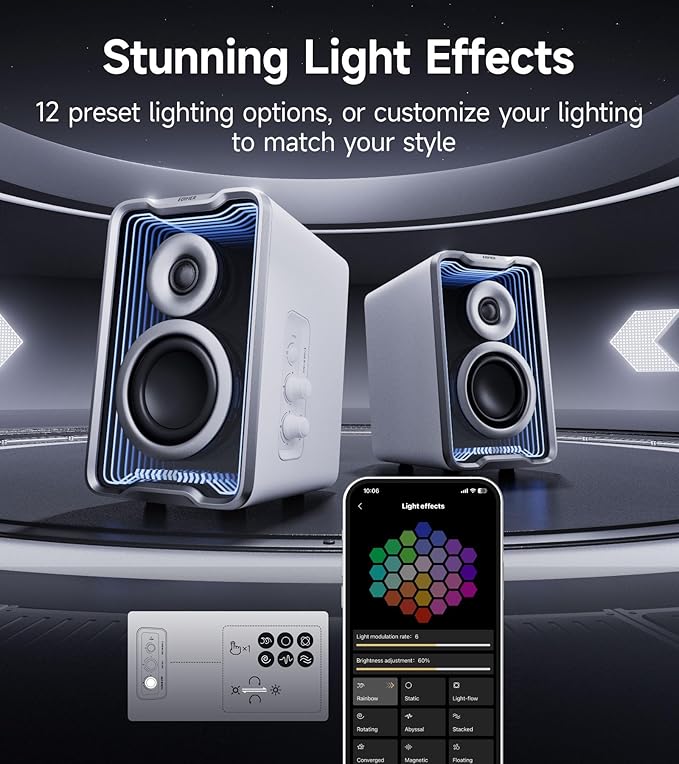 Edifier QR30 2.0 Desktop Active Speaker, Compact Bluetooth V5.4 Computer Speakers, Wireless Bookshelf Speaker, 30W (RMS), 3.5mm AUX & USB-A Wired Input, Dynamic Light Effects, App Control, White