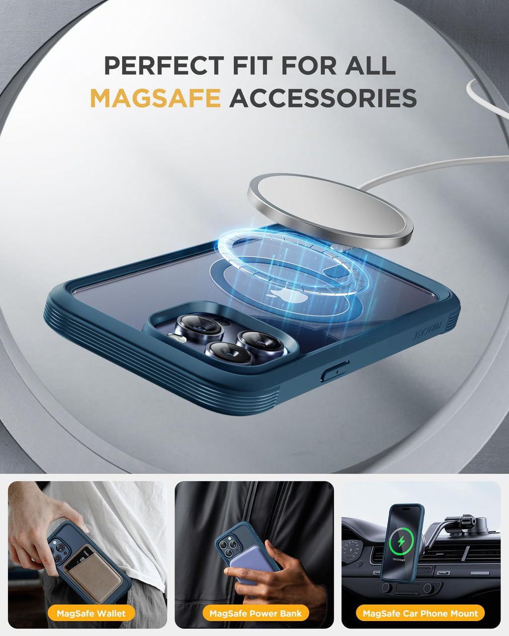 Miracase Magnetic for iPhone 15 Pro Case [Compatible with MagSafe] Full-Body Phone case with Built-in Glass Screen Protector& Camera Protector, Military Drop Proof 15 Pro Cover 6.1 inch, Storm Blue