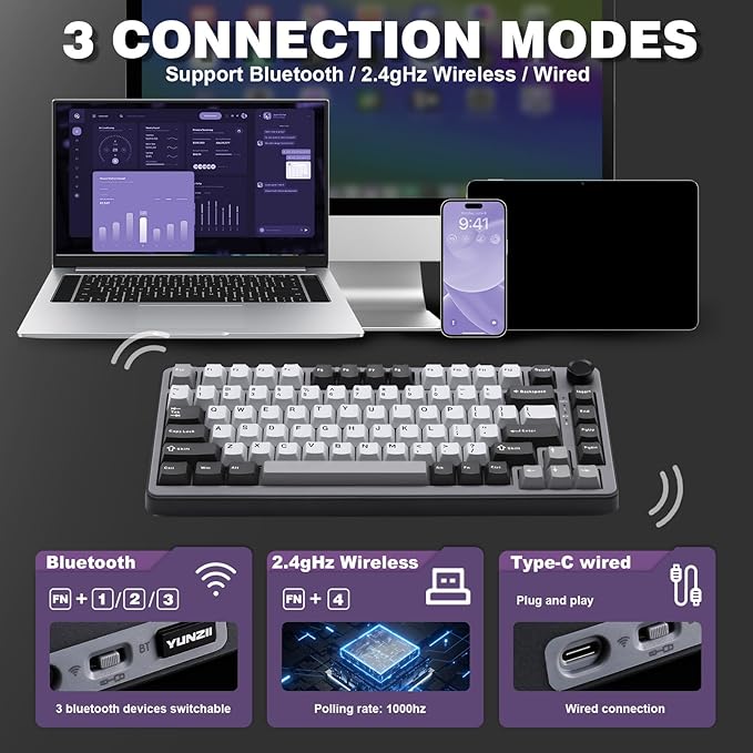 YUNZII B75 PRO 75% Wireless Mechanical Keyboard (Dark Grey,Cocoa V2)