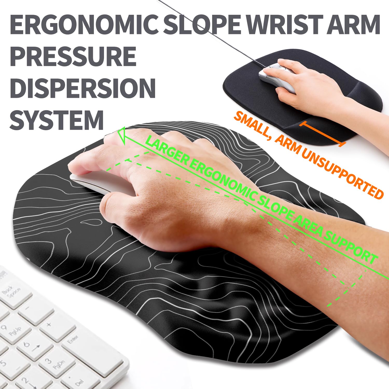Armanza Ergonomic Slope Mouse Pad Wrist Support, Wrist Rest Mousepad for Carpal Tunnel Pain Relief with Massage Bulge and Slow Rebound Memory Foam (12x8 inch, Black Contour Lines)