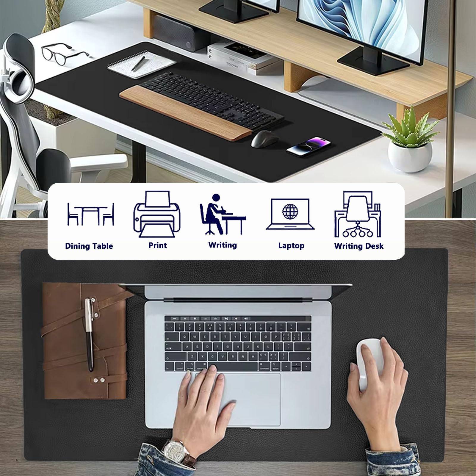 PU Leather Desk Pad Protector Gaming Mouse Pad Non Slip Desk Mat for Keyboard and Mouse Waterproof Desk Writing Pad for Office and Home Desk Accessories(Black, 31.5 * 15.7)