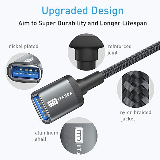 ITD ITANDA 1.5FT USB Extension Cable USB 3.0 Extension Cord Type A Male to Female 5Gbps Data Transfer for Keyboard, Mouse, PlayStation, Xbox, Flash Drive, Printer, Camera and More, Grey