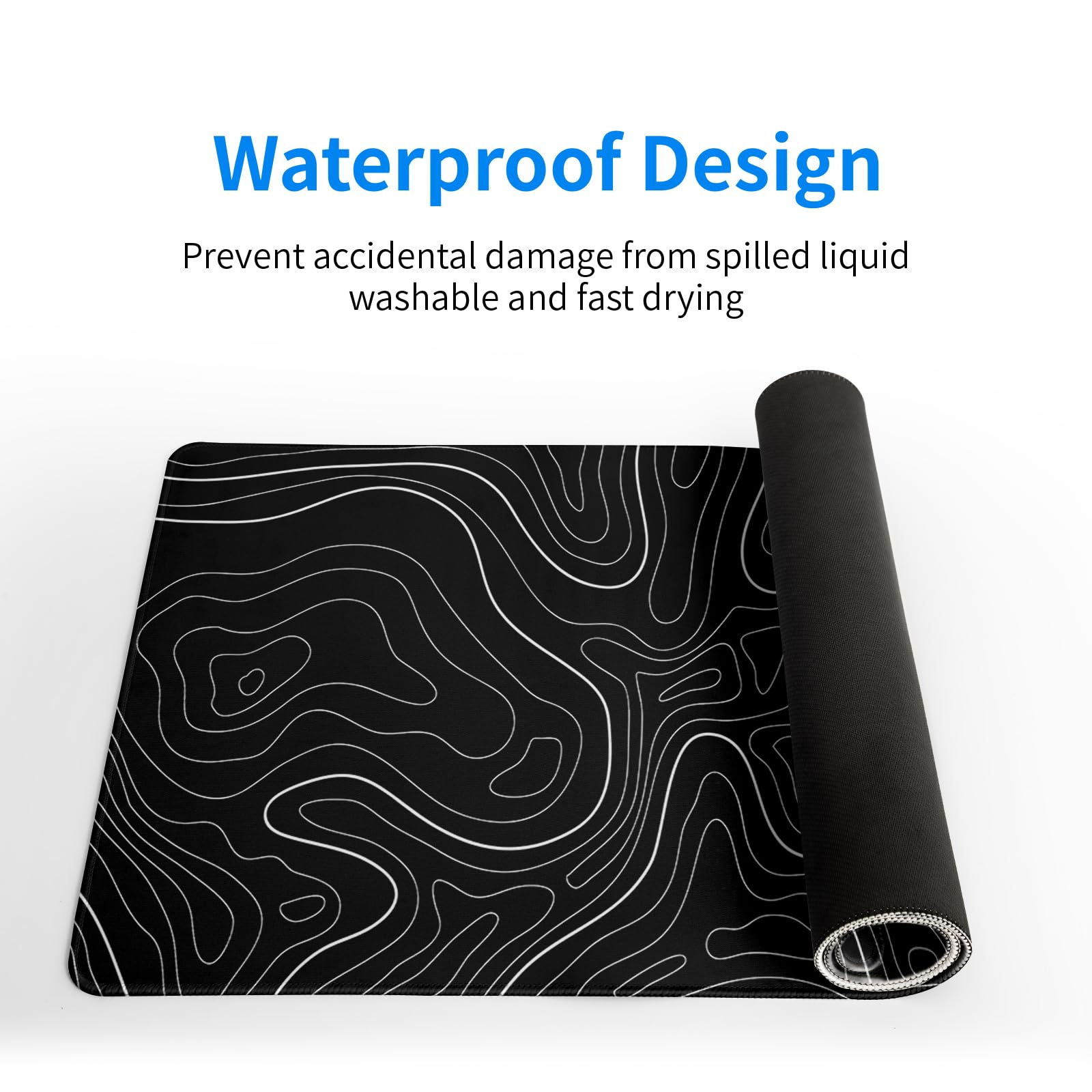 Topographic Contour Black Gaming Mouse Pad XL Geographic Map Lines Extended Big Large Desk Mat Non-Slip Rubber Base Stitched Edge Long Keyboard Mousepad for PC Computer Laptop,31.5x11.8 Inch
