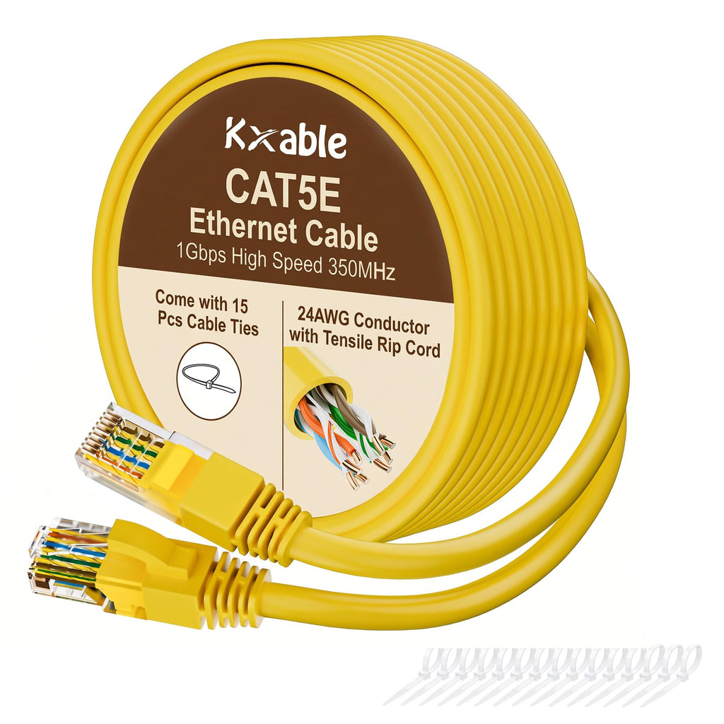 Cat5e Ethernet Cable 50 FT, Long Cat 5e Internet Cable, Yellow Snagless Patch Cord, Flexible, Network, LAN, PoE, Standard RJ45 Connector for PC, Server, Router, Modem, TV, PS5 - with 15 Cable Ties