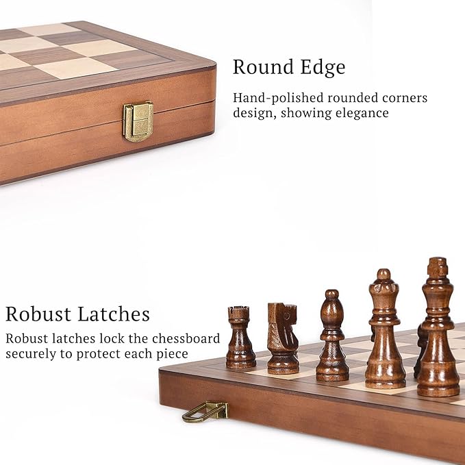 15" Wooden Chess Set with Magnetic Pieces - Extra Queens - Folding Chessboard Portable Travel Tournament Chess Board Games for Adults Kids